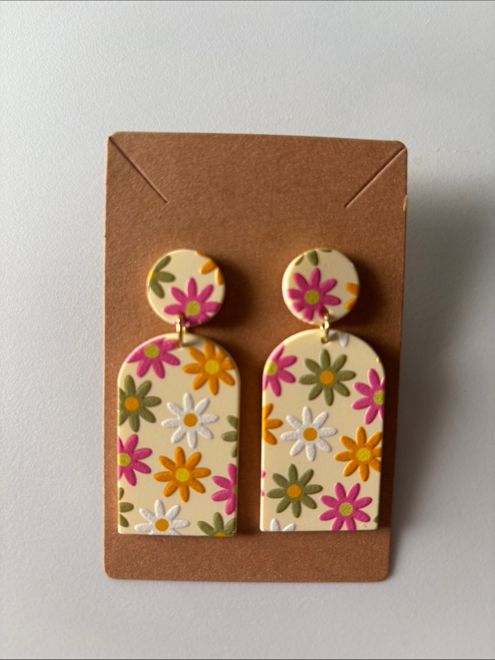 Fashion Jewelry Cream Floral Dangle Earrings with Pink, Yellow & Green Accents - Picture 2 of 3